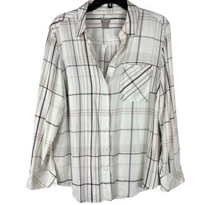 Chicos Plaid Button Down Blouse Womans Sz 2/ Large Pink Cream Long Sleeve Casual